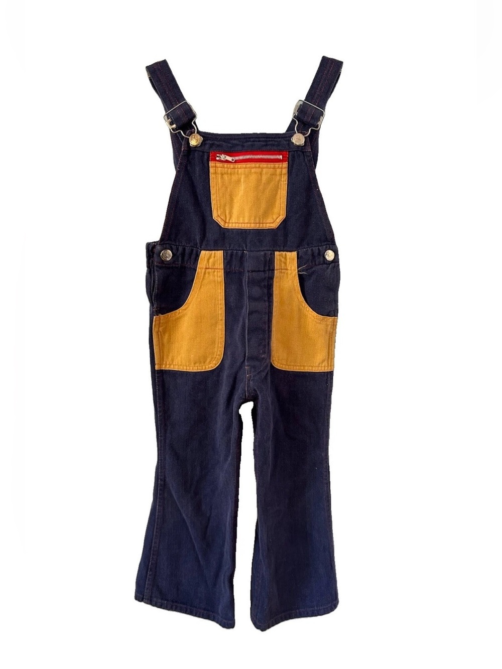 Vintage 70s Kids Denim Patchwork Overalls Sz 5 Bell Bottom Golden Horse